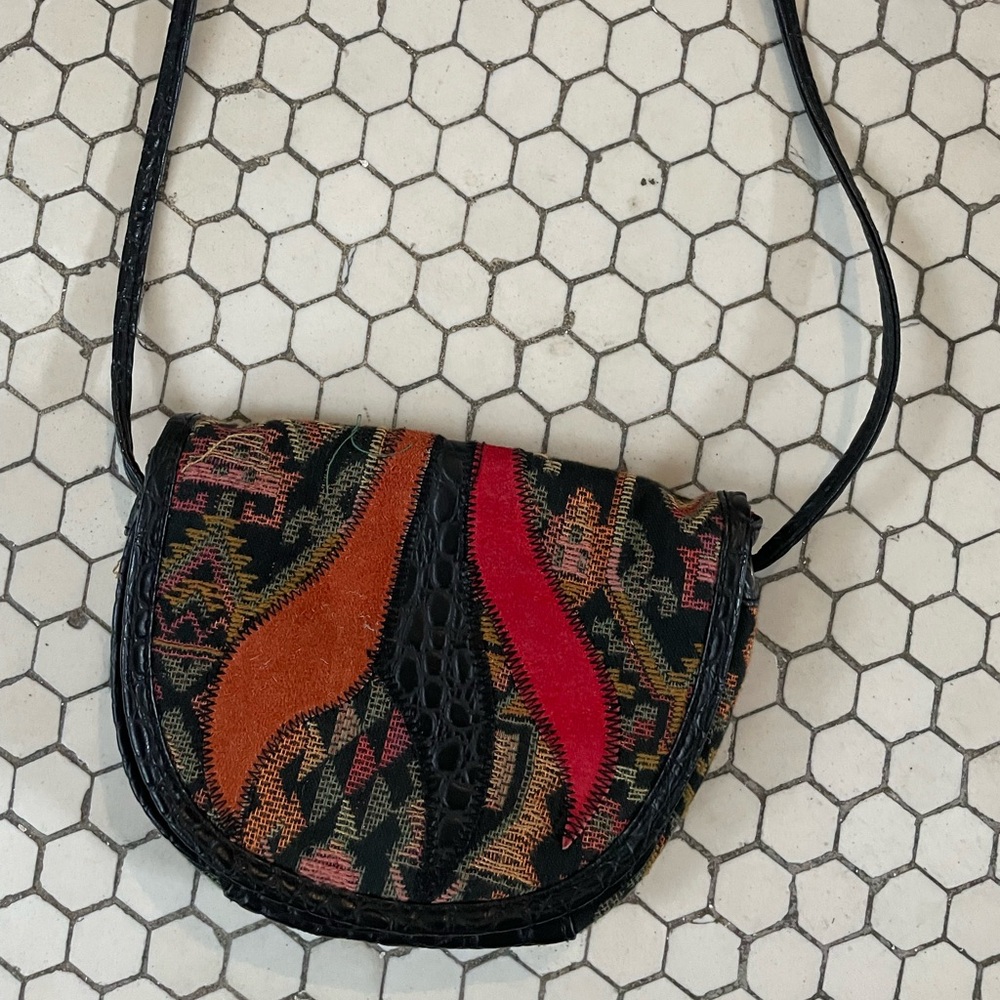 VTG Purse Black Multi Kilim Faux Leather Patchwork Festival Western Patchwork